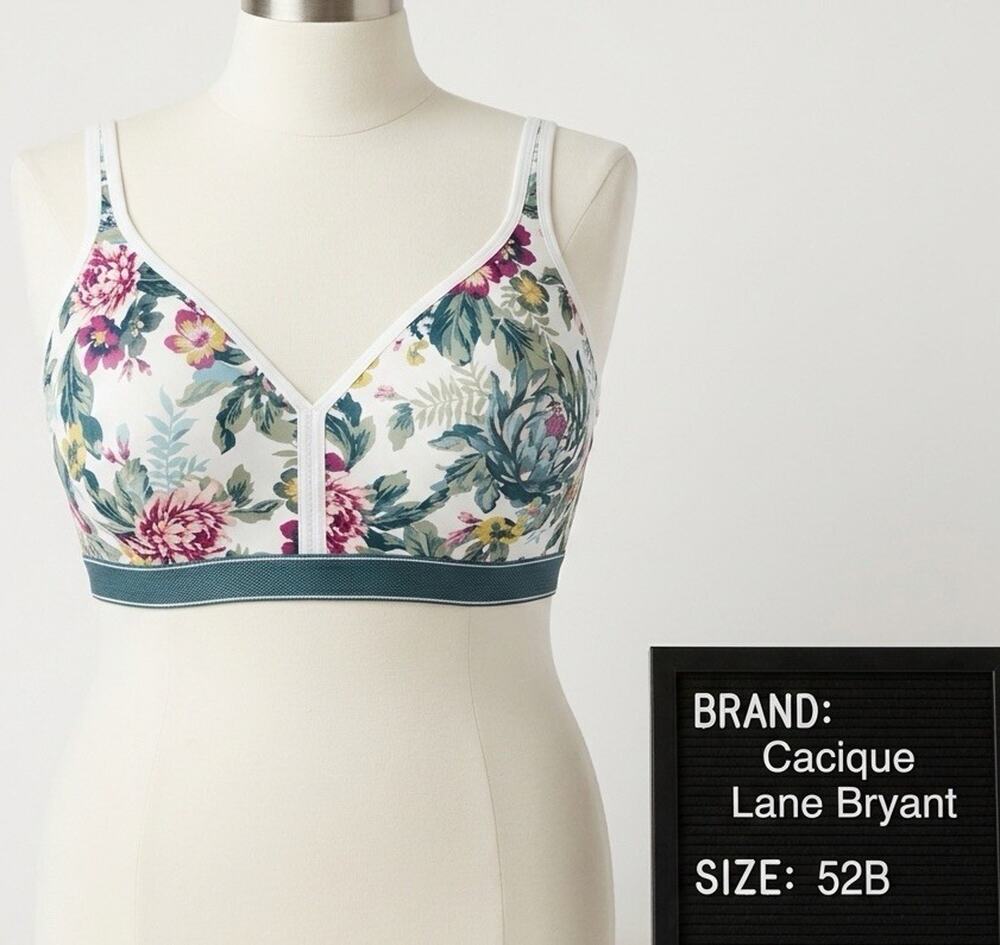 Cacique Lane Bryant Lightly Lined No-Wire Bra 52B White Floral Botanical NWT